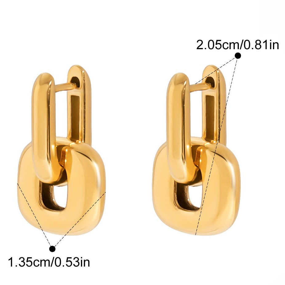 Gold lock-shaped earrings with measurements and product details on a white background
